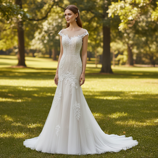 Elegant Sheer Neck Mermaid Wedding Dress with Cap Sleeve for Bride