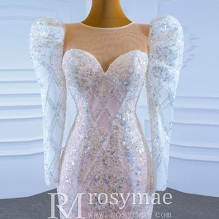 Sheer Neck Sparkly Mermaid Wedding Dress with Long Puffy Sleeves - Rosymae