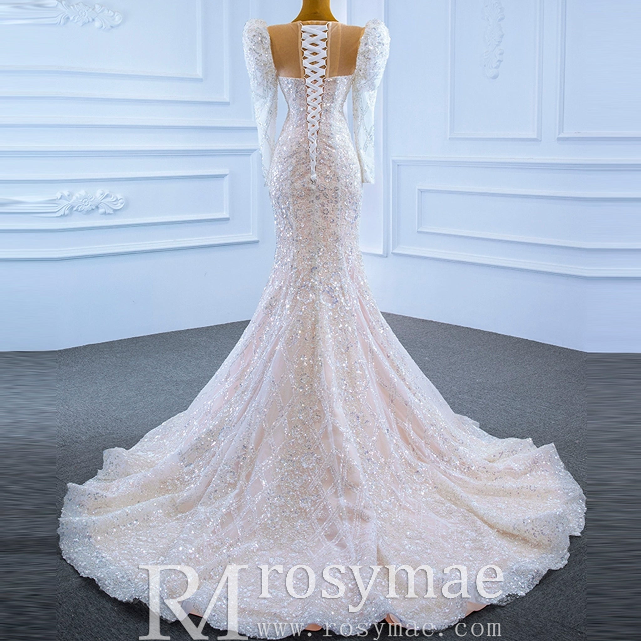Sheer Neck Sparkly Mermaid Wedding Dress with Long Puffy Sleeves - Rosymae