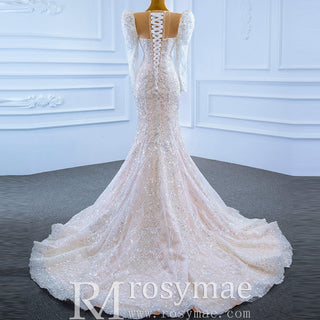 Sheer Neck Sparkly Mermaid Wedding Dress with Long Puffy Sleeves - Rosymae