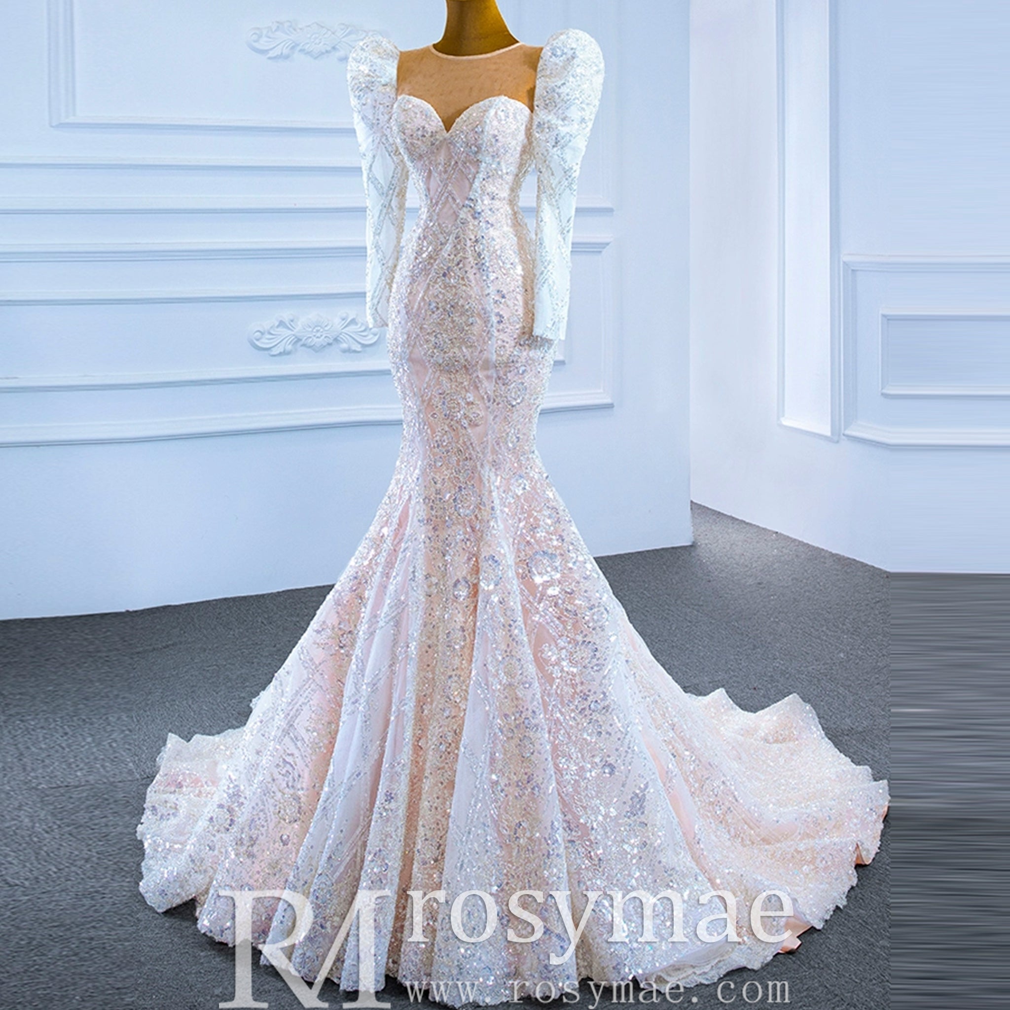 Sheer Neck Sparkly Mermaid Wedding Dress with Long Puffy Sleeves - Rosymae