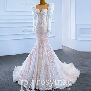 Sheer Neck Sparkly Mermaid Wedding Dress with Long Puffy Sleeves - Rosymae