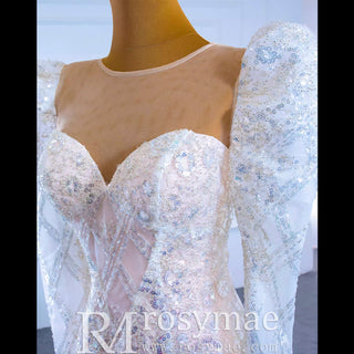 Sheer Neck Sparkly Mermaid Wedding Dress with Long Puffy Sleeves - Rosymae