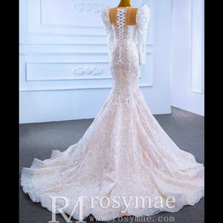 Sheer Neck Sparkly Mermaid Wedding Dress with Long Puffy Sleeves - Rosymae
