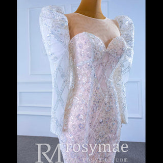 Sheer Neck Sparkly Mermaid Wedding Dress with Long Puffy Sleeves - Rosymae