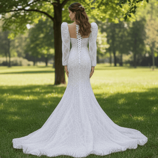Sheer Neck Sparkly Mermaid Wedding Dress with Long Puffy Sleeves - Rosymae