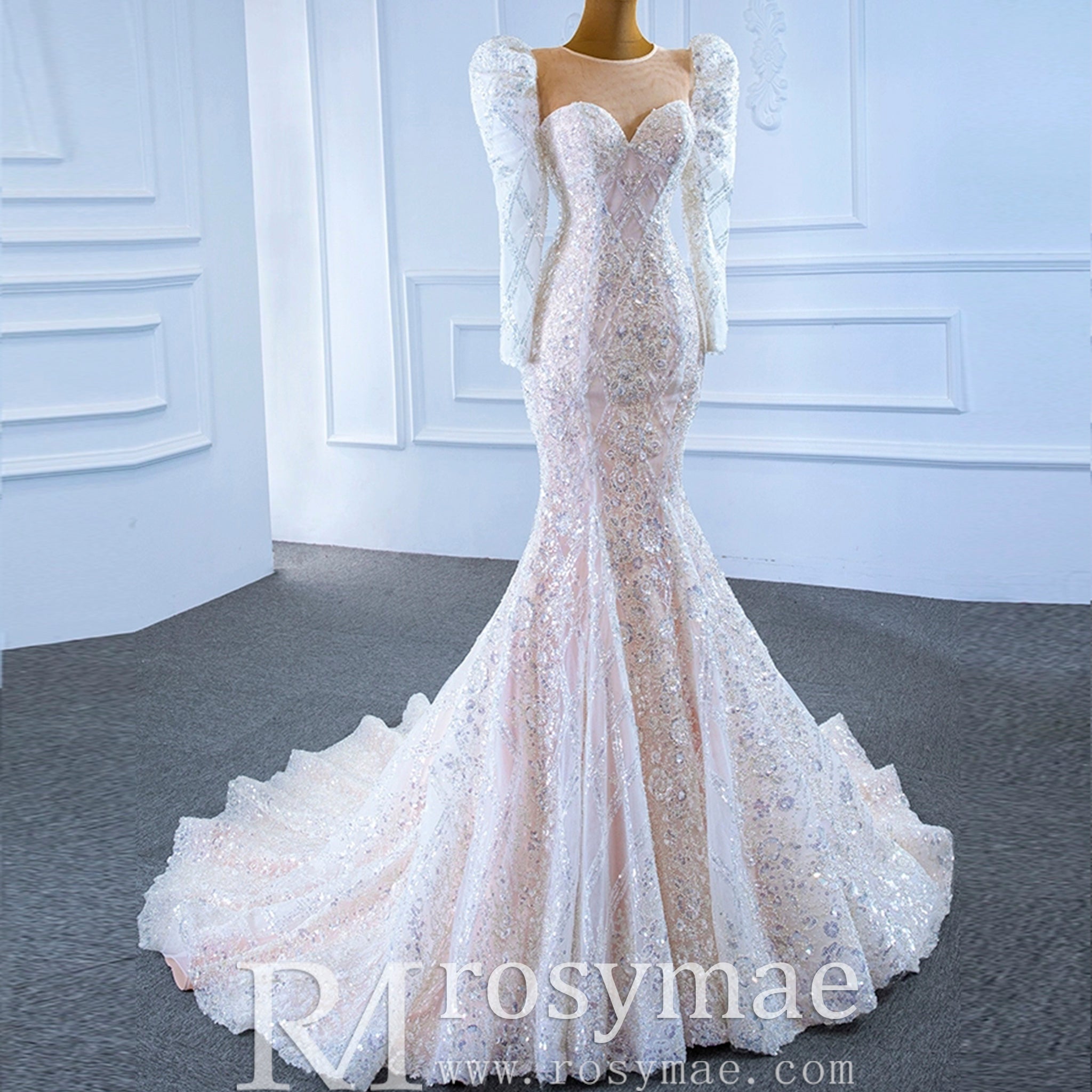 Sheer Neck Sparkly Mermaid Wedding Dress with Long Puffy Sleeves - Rosymae
