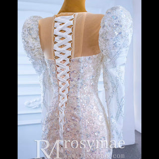 Sheer Neck Sparkly Mermaid Wedding Dress with Long Puffy Sleeves - Rosymae