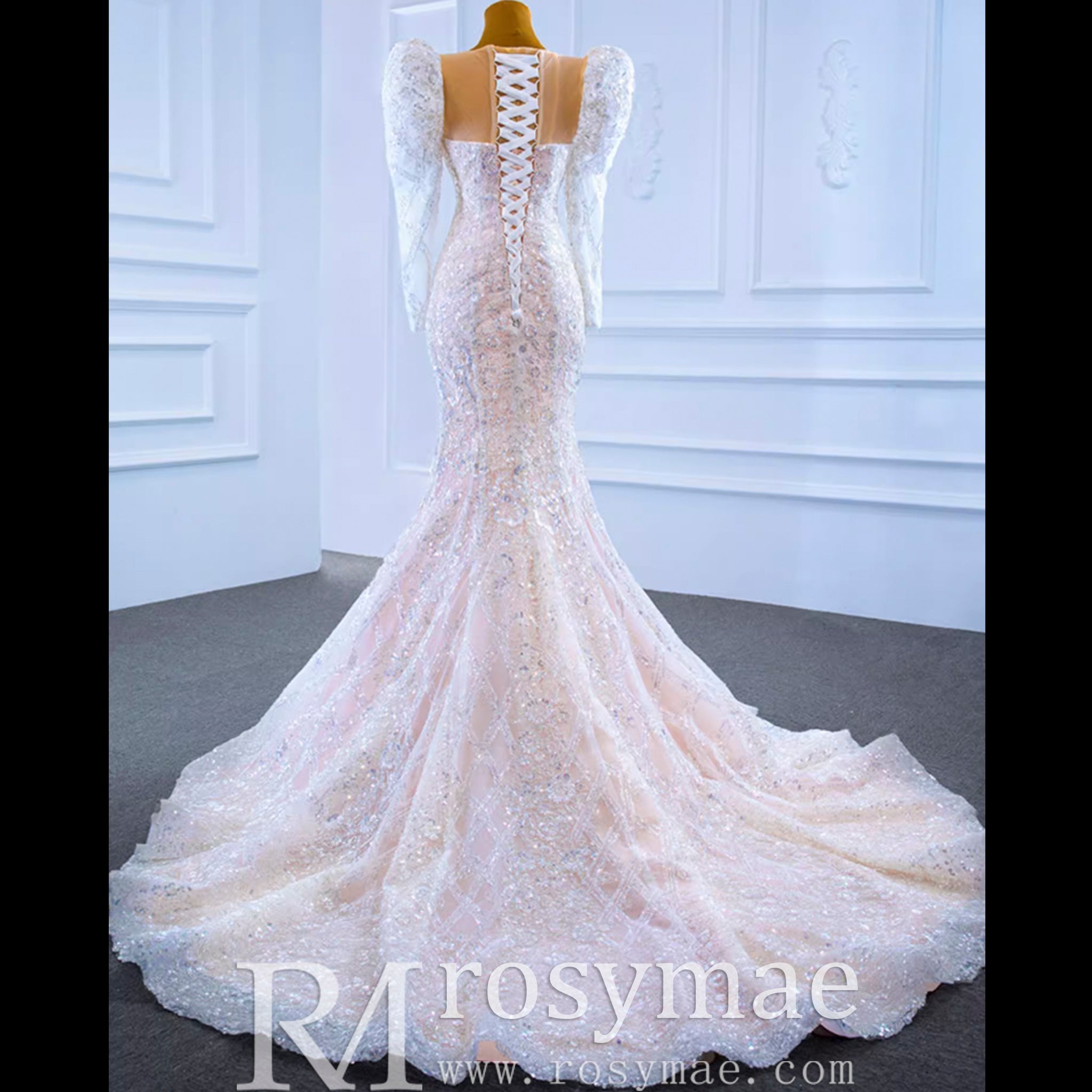Sheer Neck Sparkly Mermaid Wedding Dress with Long Puffy Sleeves - Rosymae