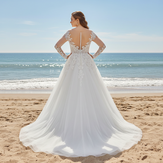 Long Sleeve Sheer Neck Lace Tulle A-line Plus Size Wedding Dress