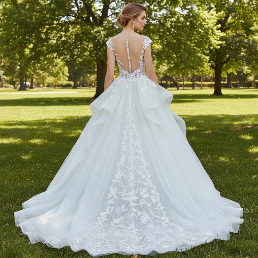 Sheer Neckline Ball Gown Wedding Dress with Capped Sleeve - Rosymae