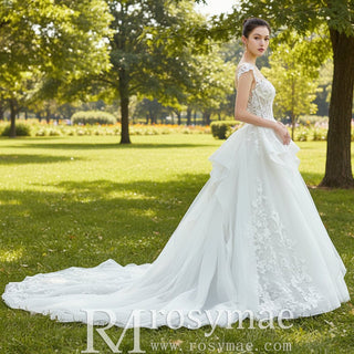 Sheer Neckline Ball Gown Wedding Dress with Capped Sleeve - Rosymae