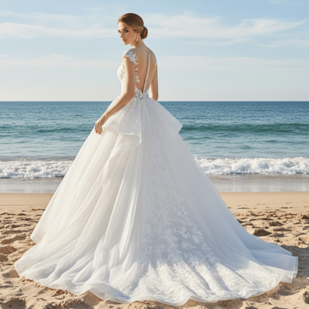 Sheer Neckline Ball Gown Wedding Dress with Capped Sleeve - Rosymae