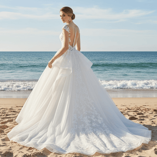 Sheer Neckline Ball Gown Wedding Dress with Capped Sleeve - Rosymae
