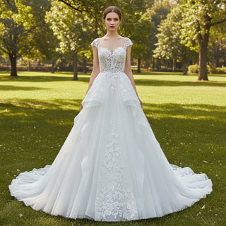 Sheer Neckline Ball Gown Wedding Dress with Capped Sleeve - Rosymae