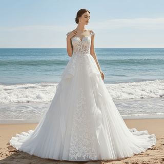 Sheer Neckline Ball Gown Wedding Dress with Capped Sleeve - Rosymae