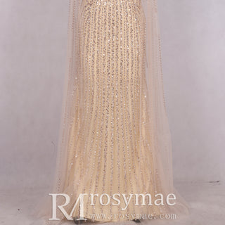 Luxury Champagne Mermaid Evening Dresses with Long Sleeve