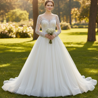 Gorgeous A Line Sheer Sleeves Wedding Dresses & Gowns for Elegant Bride