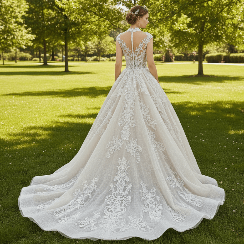 Sheer O-Neck A-line Lace Wedding Dress and Bridal Gown - Rosymae