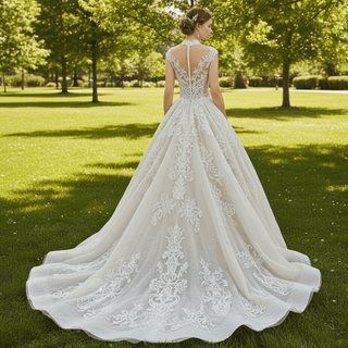 Sheer O-Neck A-line Lace Wedding Dress and Bridal Gown - Rosymae