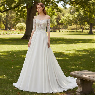 Sheer Off Shoulder Half Sleeve A-line Wedding Dress for Bride - Rosymae