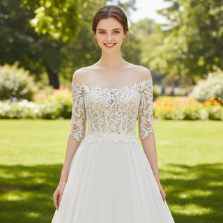 Sheer Off Shoulder Half Sleeve A-line Wedding Dress for Bride - Rosymae