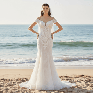 Sheer Off the Shoulder Mermaid Wedding Dress with Sparkly Crystals - Rosymae