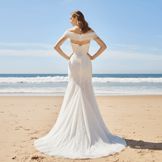 Sheer Off the Shoulder Mermaid Wedding Dress with Sparkly Crystals - Rosymae
