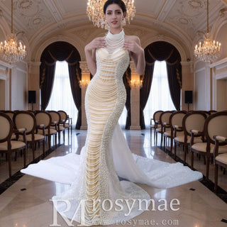Sheer Pearl Mermaid Wedding Dress with Halter Neck Bridal Dress - Rosymae