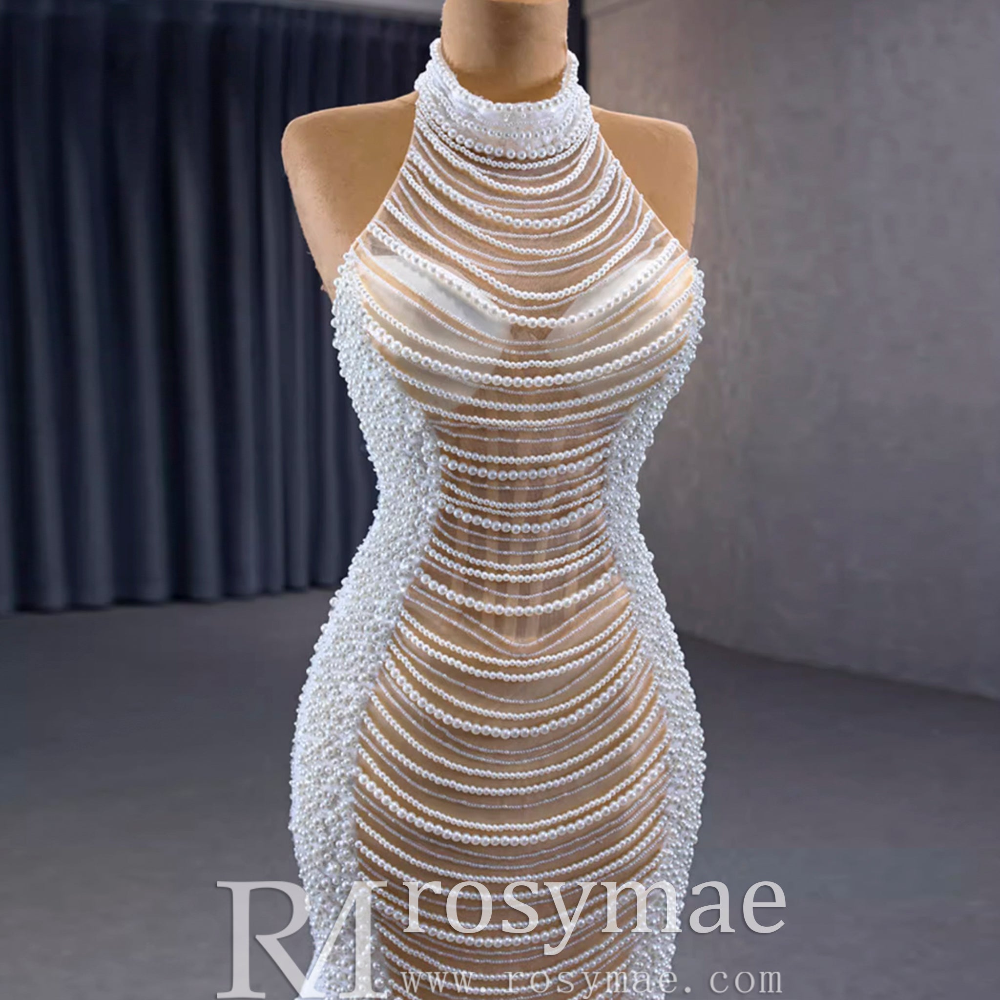 Sheer Pearl Mermaid Wedding Dress with Halter Neck Bridal Dress - Rosymae