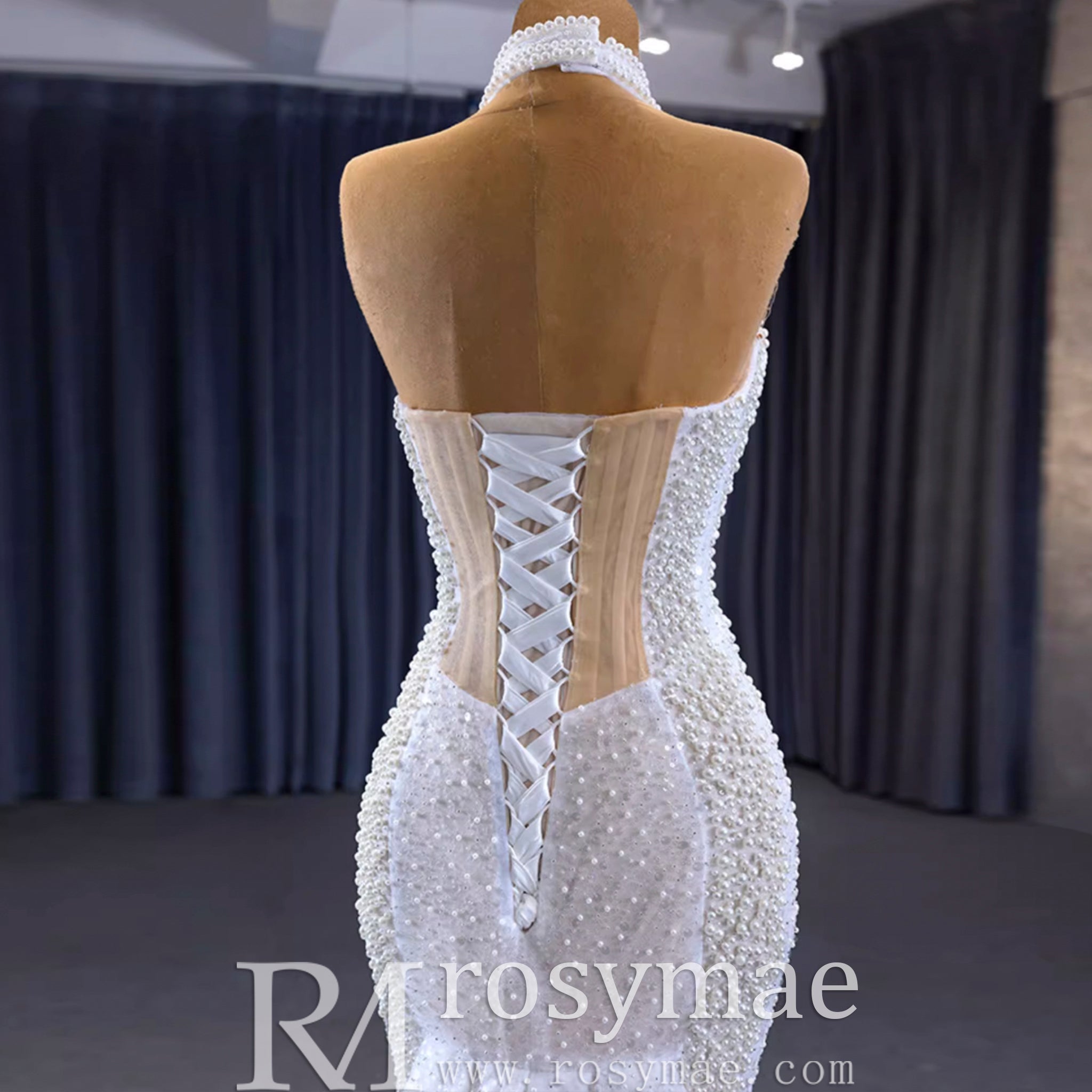 Sheer Pearl Mermaid Wedding Dress with Halter Neck Bridal Dress - Rosymae