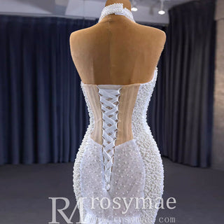 Sheer Pearl Mermaid Wedding Dress with Halter Neck Bridal Dress - Rosymae