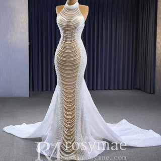 Sheer Pearl Mermaid Wedding Dress with Halter Neck Bridal Dress - Rosymae