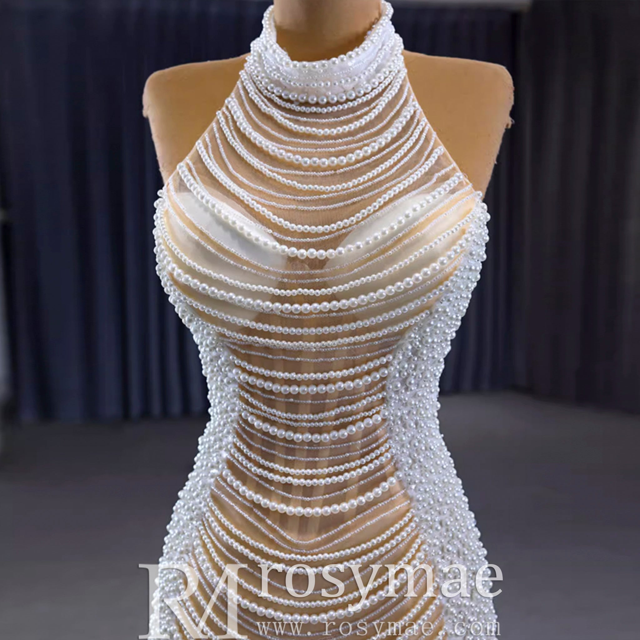 Sheer Pearl Mermaid Wedding Dress with Halter Neck Bridal Dress - Rosymae
