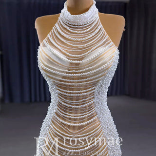 Sheer Pearl Mermaid Wedding Dress with Halter Neck Bridal Dress - Rosymae
