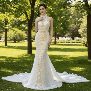 Sheer Pearl Mermaid Wedding Dress with Halter Neck Bridal Dress - Rosymae