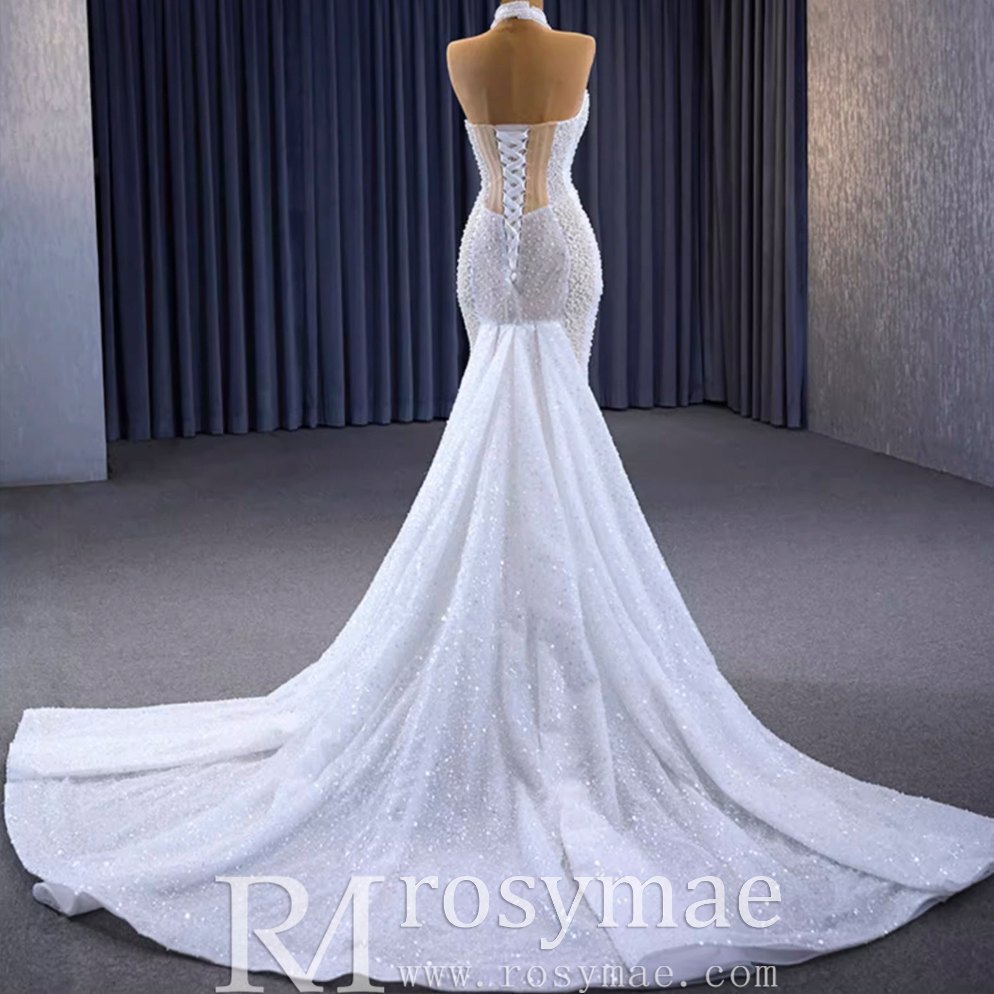 Sheer Pearl Mermaid Wedding Dress with Halter Neck Bridal Dress - Rosymae