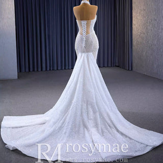 Sheer Pearl Mermaid Wedding Dress with Halter Neck Bridal Dress - Rosymae