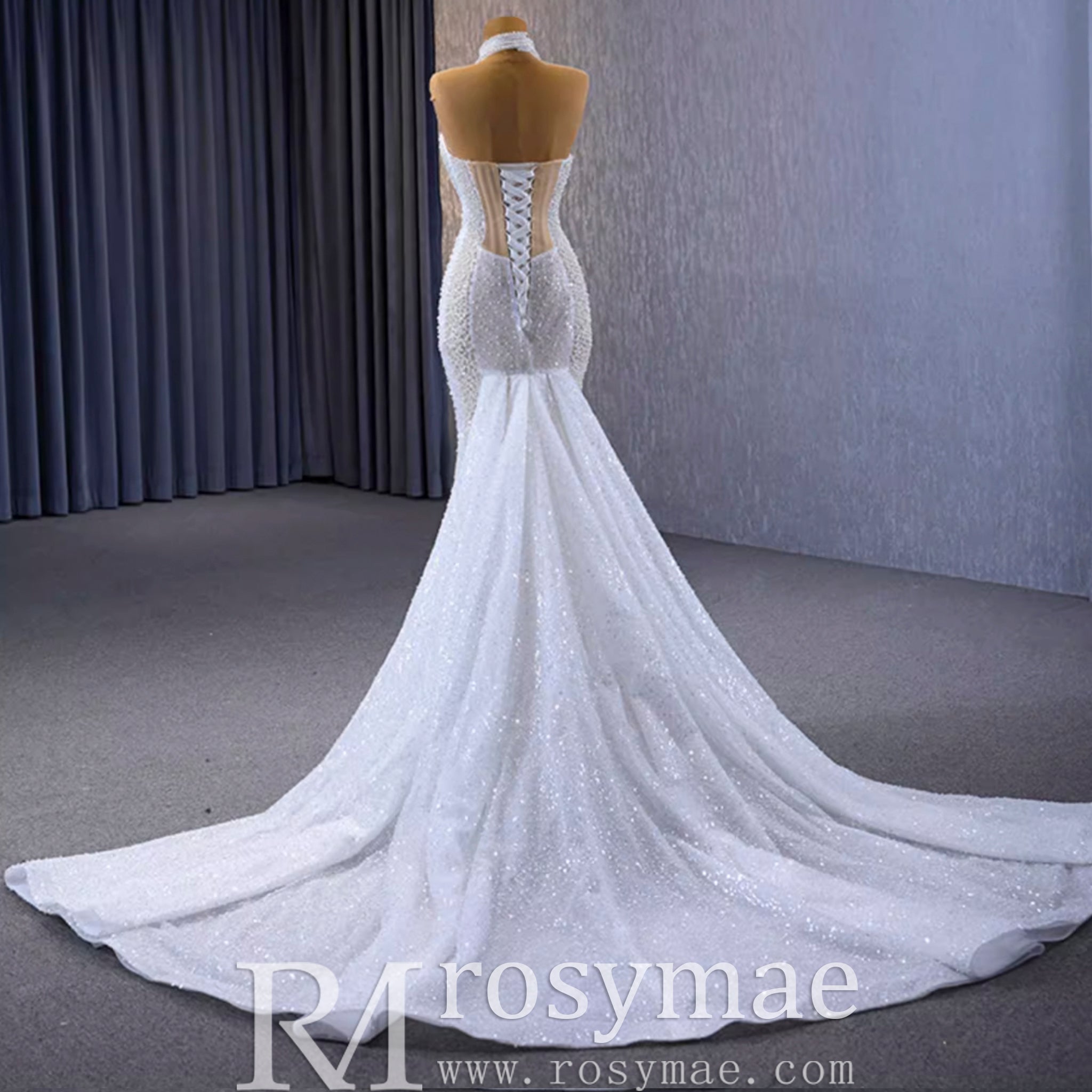 Sheer Pearl Mermaid Wedding Dress with Halter Neck Bridal Dress - Rosymae