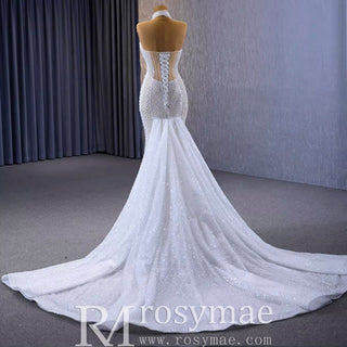 Sheer Pearl Mermaid Wedding Dress with Halter Neck Bridal Dress - Rosymae