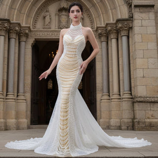 Sheer Pearl Mermaid Wedding Dress with Halter Neck Bridal Dress - Rosymae