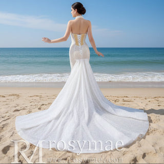 Sheer Pearl Mermaid Wedding Dress with Halter Neck Bridal Dress - Rosymae