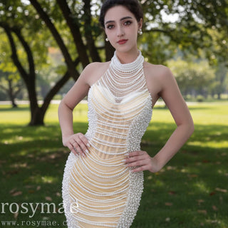 Sheer Pearl Mermaid Wedding Dress with Halter Neck Bridal Dress - Rosymae