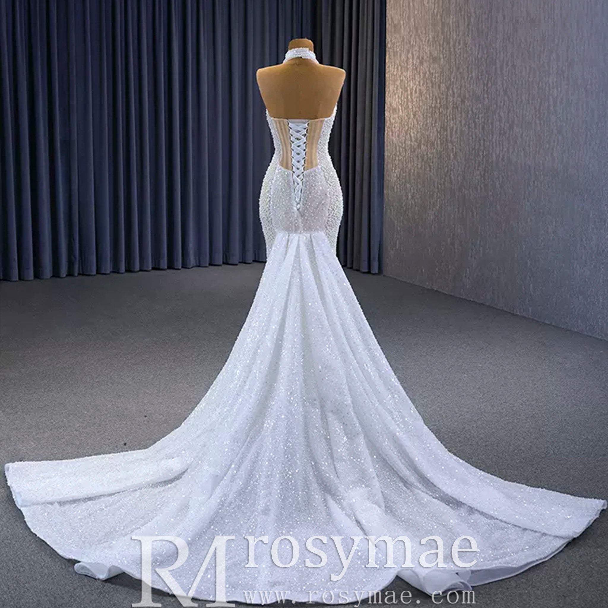 Sheer Pearl Mermaid Wedding Dress with Halter Neck Bridal Dress - Rosymae