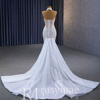 Sheer Pearl Mermaid Wedding Dress with Halter Neck Bridal Dress - Rosymae