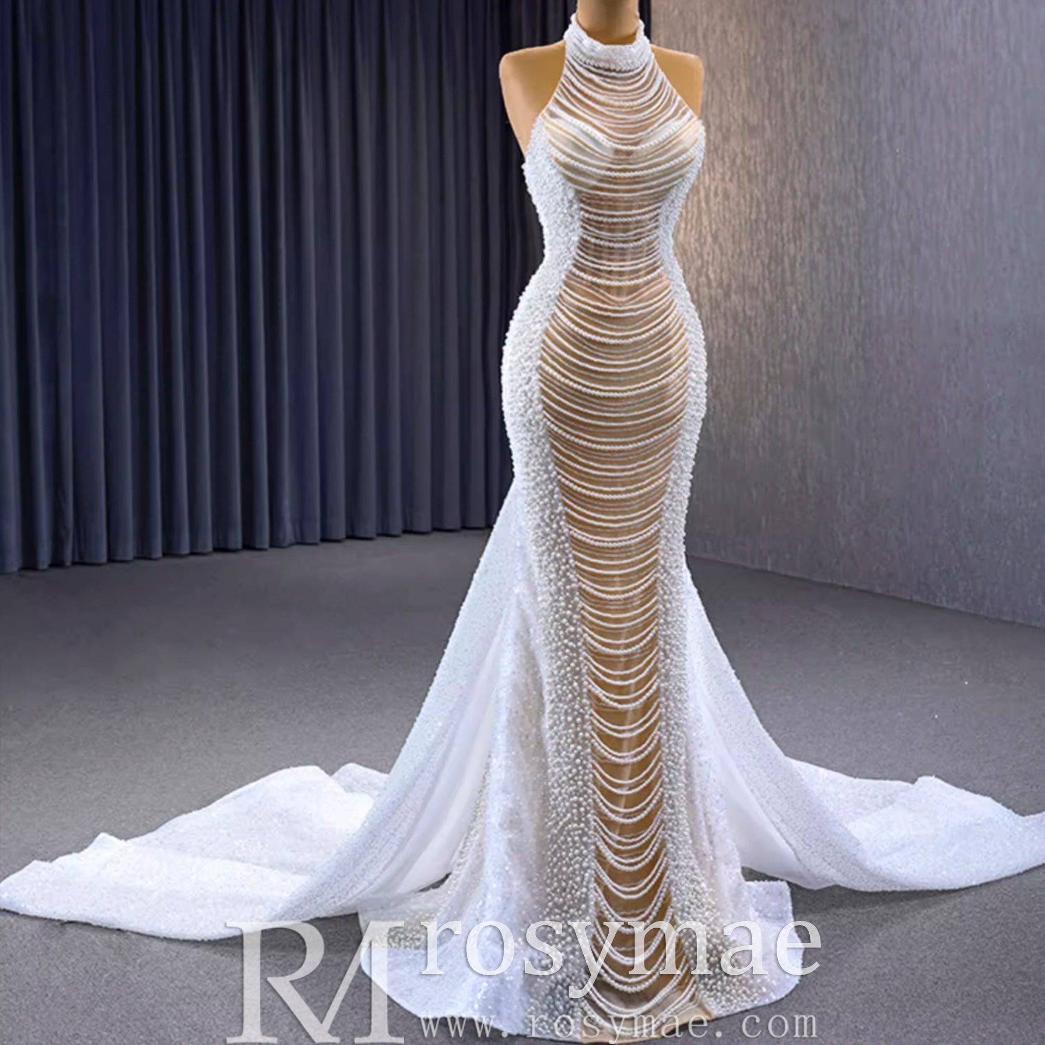 Sheer Pearl Mermaid Wedding Dress with Halter Neck Bridal Dress - Rosymae