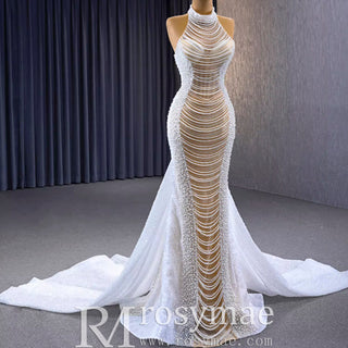 Sheer Pearl Mermaid Wedding Dress with Halter Neck Bridal Dress - Rosymae