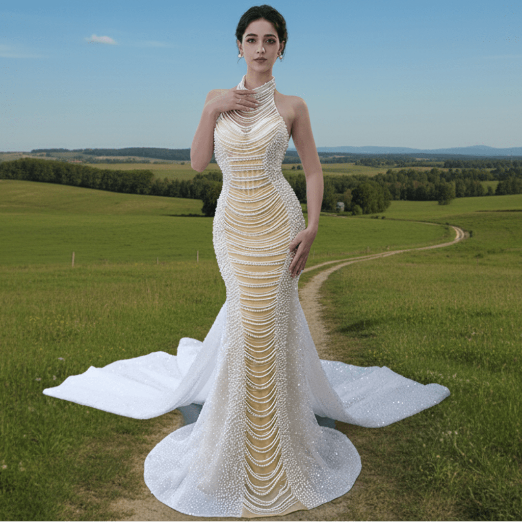 Sheer Pearl Mermaid Wedding Dress with Halter Neck Bridal Dress - Rosymae