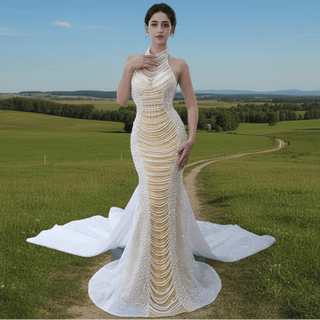 Sheer Pearl Mermaid Wedding Dress with Halter Neck Bridal Dress - Rosymae