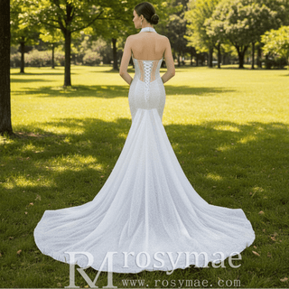 Sheer Pearl Mermaid Wedding Dress with Halter Neck Bridal Dress - Rosymae